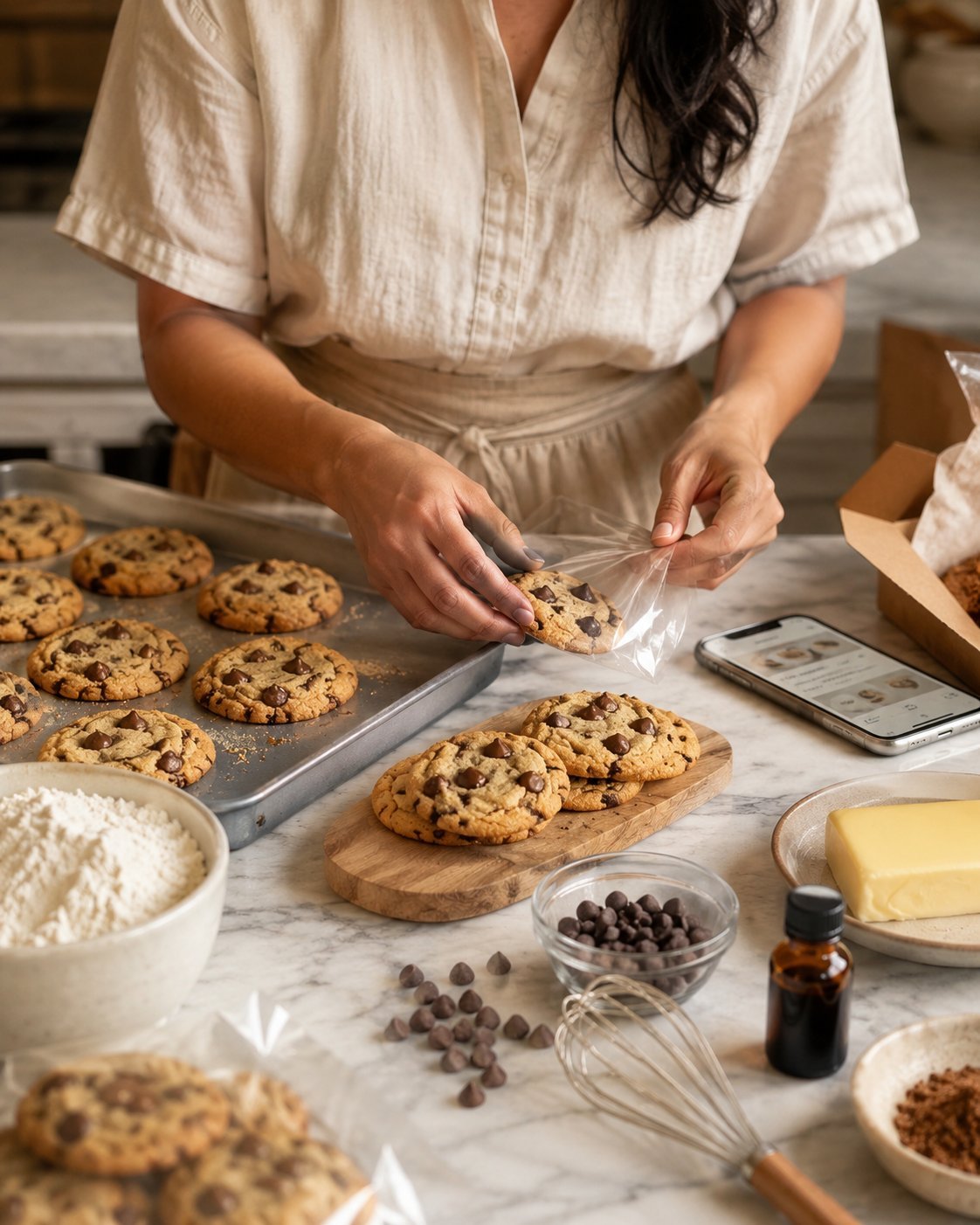 Manos preparando Cookie Cups junto a un celular con Cookie Cups Studio™ abierto, en una bancada de cocina con ingredientes reales